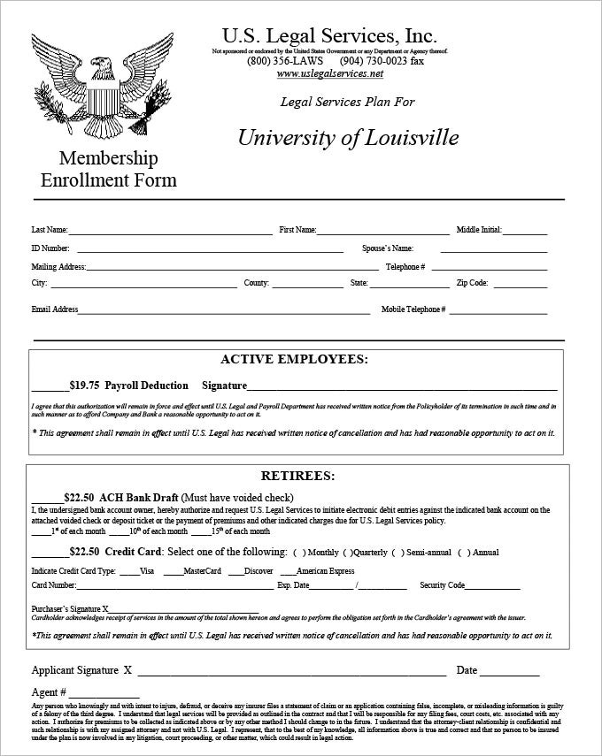 A memebership Enrollment Form for the University of Louisville