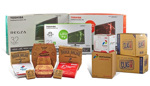 A variety of corrugated boxes and labeling