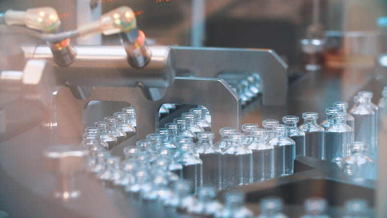 A manufacturing line of glass bottles