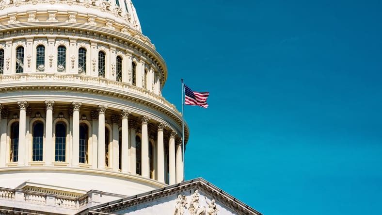 A flag flying for over the Washington DC Capitol Building